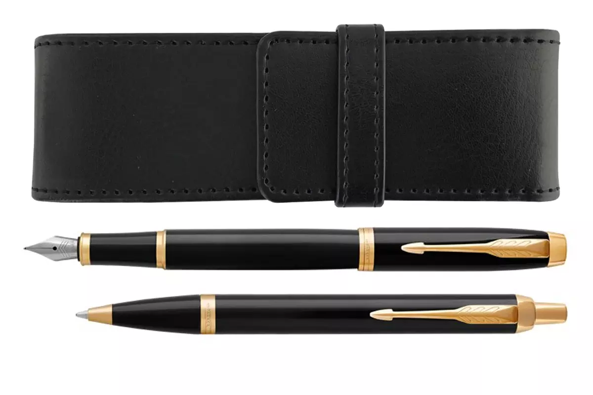 Parker IM Black Lacquer GT Fountain Pen + Ballpoint + Pen Pouch Set